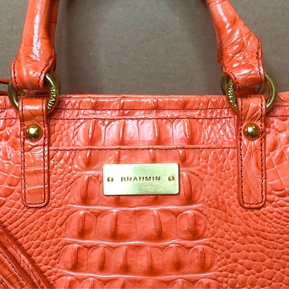 BRAHMIN Croc Embossed Leather Rolled Top Handle Tangerine Satchel Shoulder Bag - Picture 3 of 17